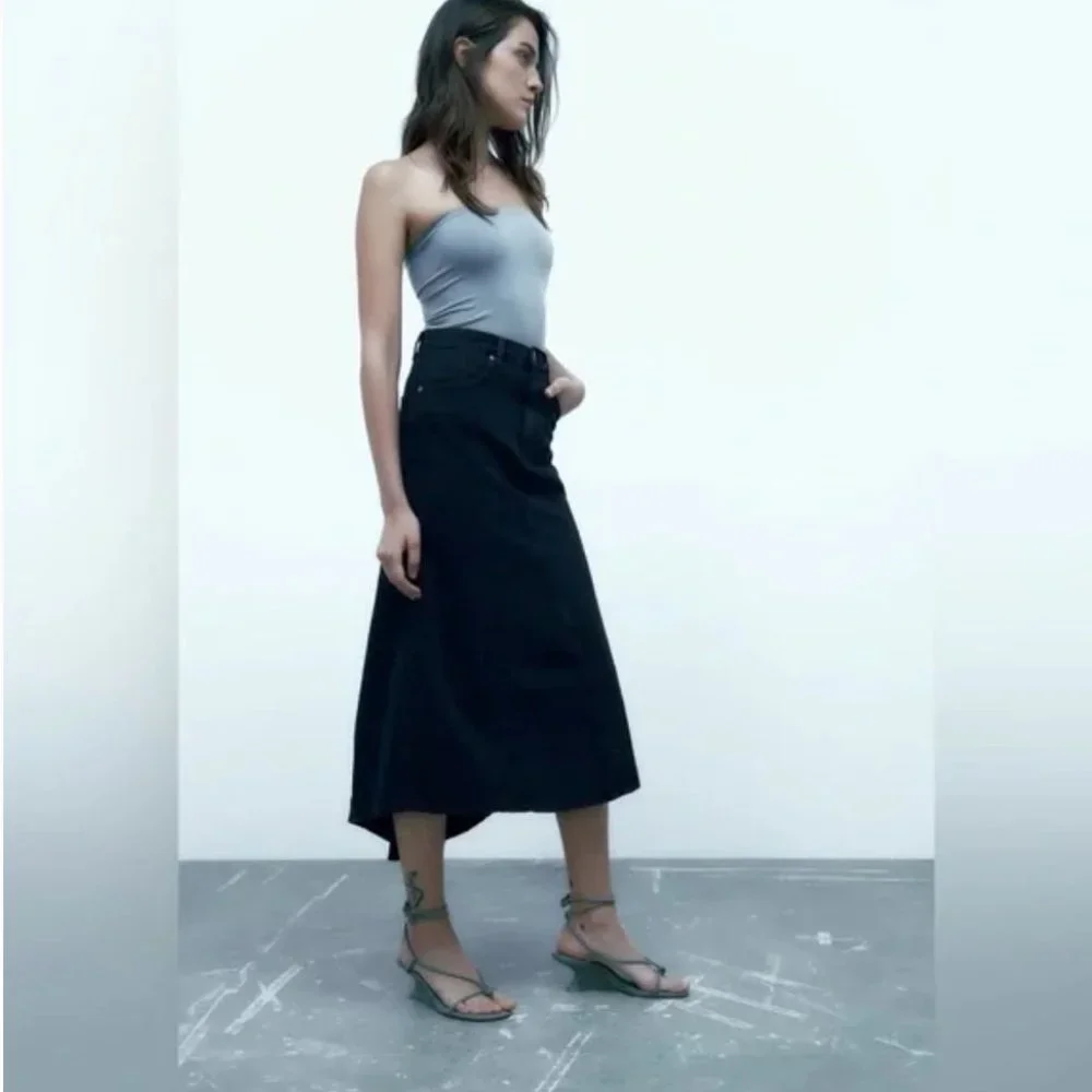 NEW ZARA High-Rise Five-Pocket Denim Midi Fishtail Skirt Dark Navy Small - Picture 5 of 9